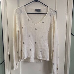 Wooden Ships Cream V-Neck Sweater with Anchor Design